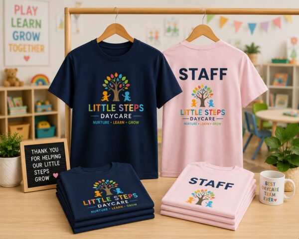 Custom DTF printed daycare staff T-shirts featuring colorful branded uniforms for childcare centers, preschools, and early learning programs in Vancouver.