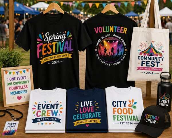 Custom DTF printed event and festival T-shirts featuring vibrant branded apparel for staff, volunteers, community events, concerts, and promotional campaigns in Vancouver.