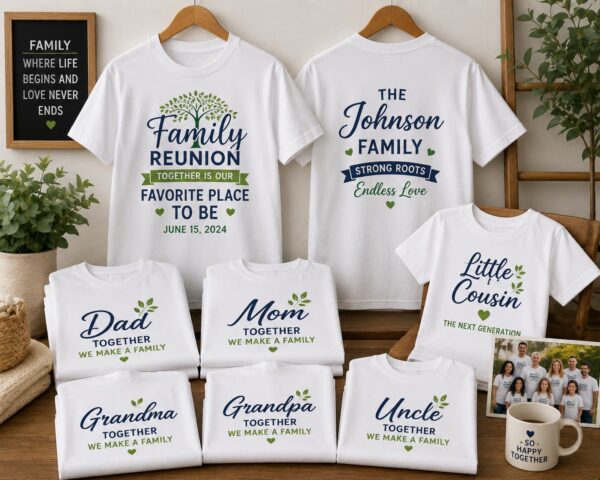 Custom DTF printed family reunion T-shirts featuring personalized names and matching designs for family gatherings, reunions, and special celebrations in Vancouver.