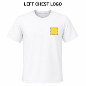 DTF T-shirt print location guide showing left chest logo placement on the front of a custom T-shirt.