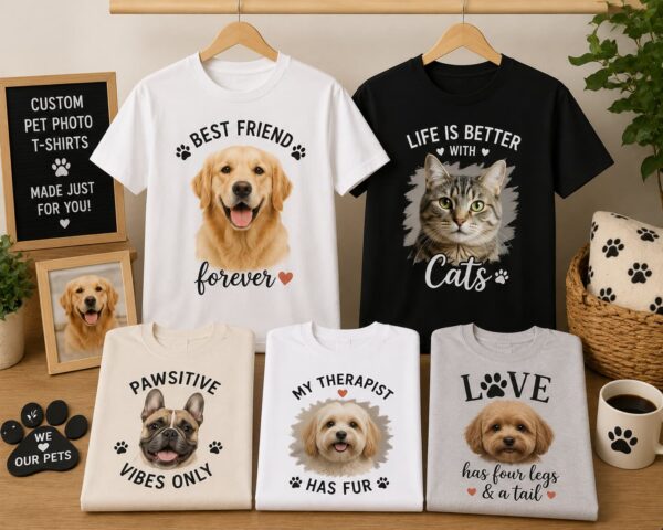 Custom DTF printed pet photo T-shirts featuring personalized dog and cat portraits for pet lovers, memorial gifts, and unique custom apparel in Vancouver.