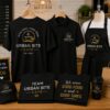 Custom DTF printed restaurant and café uniforms featuring branded staff T-shirts, polo shirts, and aprons for cafés, coffee shops, and restaurants in Vancouver.