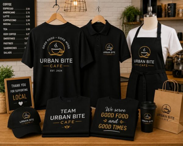 Custom DTF printed restaurant and café uniforms featuring branded staff T-shirts, polo shirts, and aprons for cafés, coffee shops, and restaurants in Vancouver.