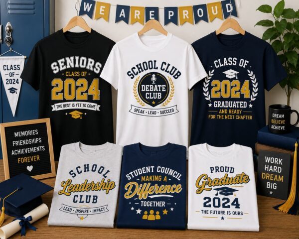 Custom DTF printed school club and graduation T-shirts featuring personalized designs for student councils, leadership clubs, graduating classes, and school events in Vancouver.