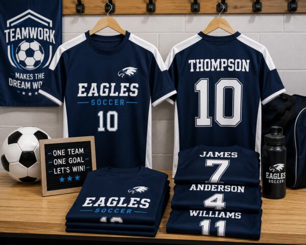 Custom DTF printed sports team T-shirts featuring personalized team logos, player names, and numbers for schools, clubs, and recreational teams in Vancouver.