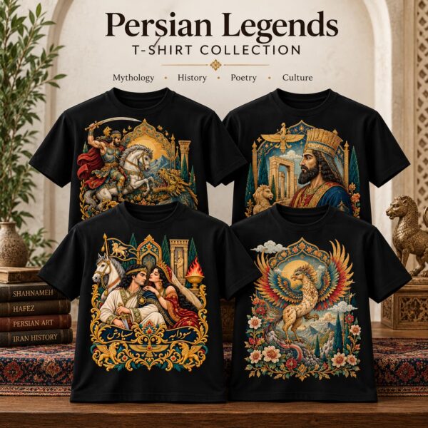 Persian Legends T-shirt collection featuring Persian mythology, history and Shahnameh-inspired designs