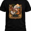 Black T-shirt featuring Rakhsh the legendary white horse battling a lion, inspired by Ferdowsi’s Shahnameh, with traditional Persian artwork and ornate golden details.