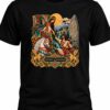 Black T-shirt featuring a colorful Shirin and Farhad Persian love story design with traditional Iranian artwork, floral details, and ornate golden patterns by HBD Print.