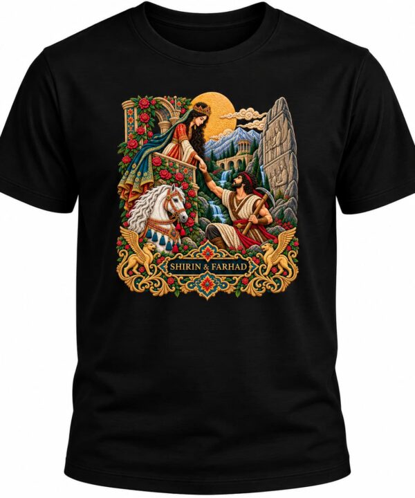 Black T-shirt featuring a colorful Shirin and Farhad Persian love story design with traditional Iranian artwork, floral details, and ornate golden patterns by HBD Print.