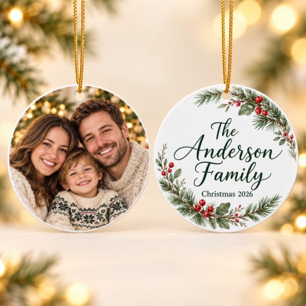 Double-sided acrylic Christmas ornament with a family photo on one side and a family name on the other