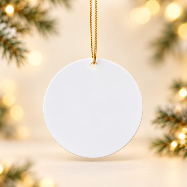 Flat round white Christmas ornament with a gold hanging string, ready to be personalized